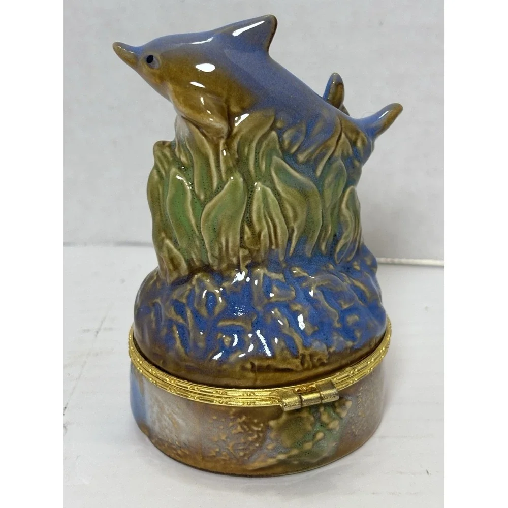 Dolphin Trinket Box Ceramic Hinged Jewelry Box Coastal Ocean Decor 4